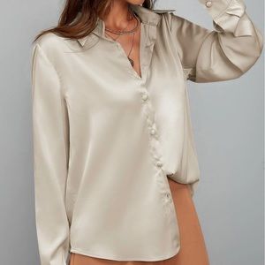 Satin Solid Button Up Blouse